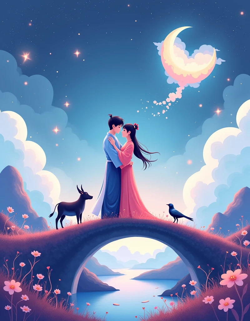Vector illustration style,Surreal space,abstract,(Qixi Valentine's Day),Ancient Chinese Mythology,(Hanfu),((Boys and girls snuggle together:1.7)),(Standing on the arch bridge),(((A cute calf:1.7))),(((3 magpies:1.8))), ((Fluffy love heart)),Fluffy clouds,Star,Beautiful moon,Grass,Flowers,In a dream,A vibrant and fun way to set the stage,Blue, purple and pink tones,Bright,Art