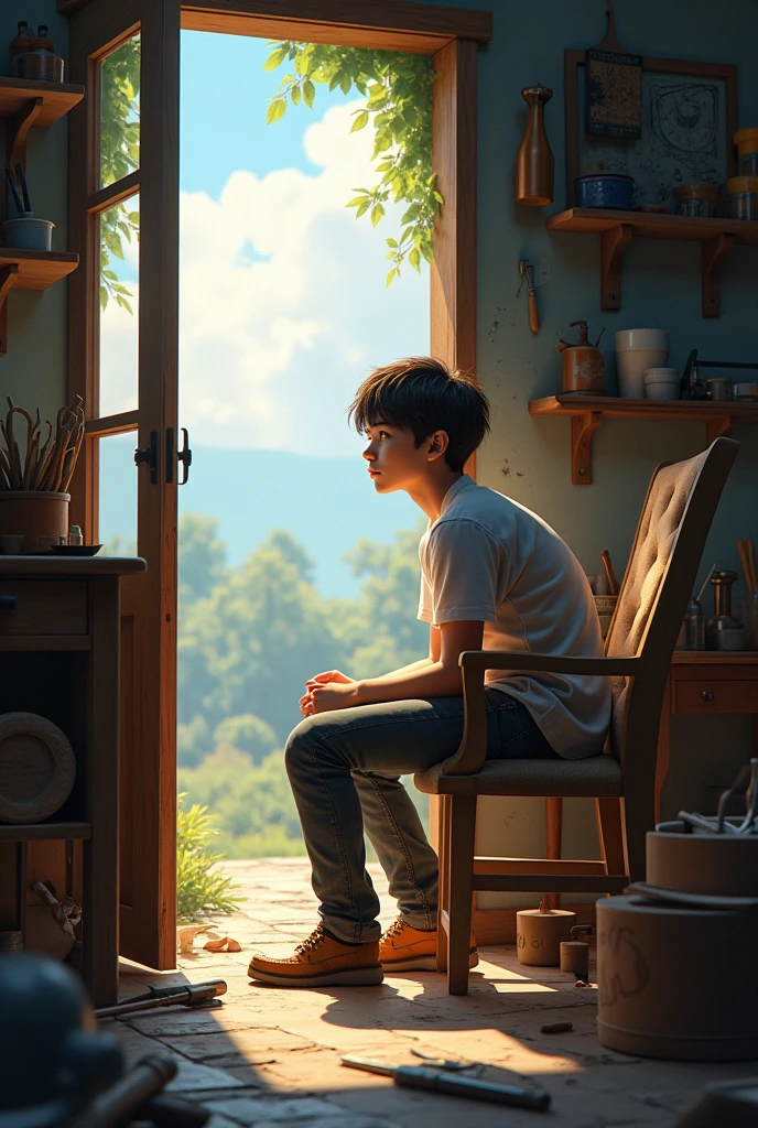A boy 17 year old is setting in his shop on chair from outside view photo generate