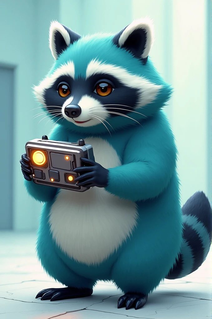 A blue, round raccoon using a secret gadget
