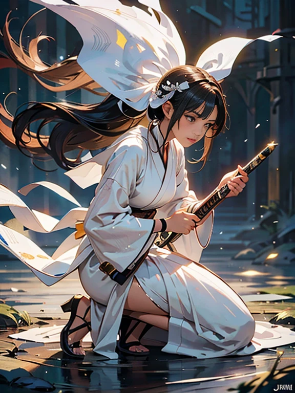 Close-up of a woman wearing a white dress and holding a sword, Portraits by Jan J, Trending on CGSociety, Fantasy art, Beautiful character drawings, artwork in the style of Gwaiz, Gwaiz, White Hanfu, Flowing white robes, Full body martial arts, Magnificent and elaborate character art, Amazing character art, beautiful female assassin  