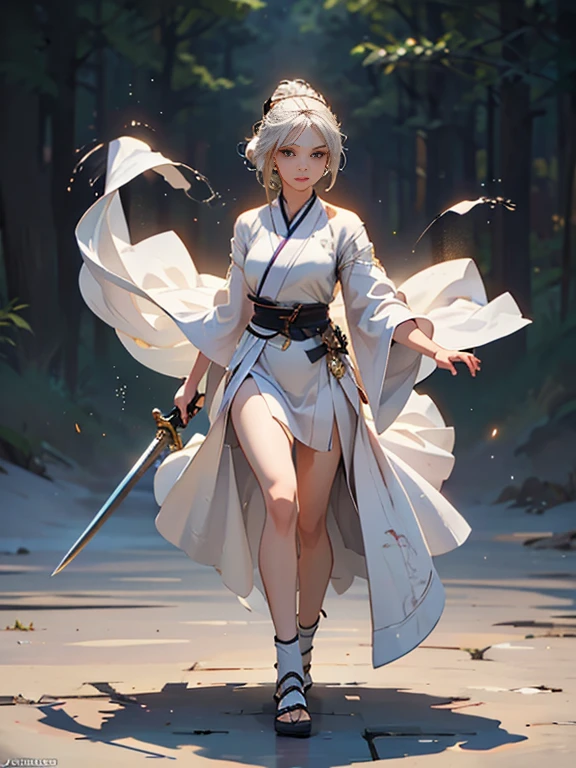 Close-up of a woman wearing a white dress and holding a sword, Portraits by Jan J, Trending on CGSociety, Fantasy art, Beautiful character drawings, artwork in the style of Gwaiz, Gwaiz, White Hanfu, Flowing white robes, Full body martial arts, Magnificent and elaborate character art, Amazing character art, beautiful female assassin  