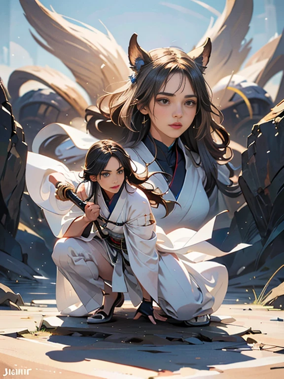 Close-up of a woman wearing a white dress and holding a sword, Portraits by Jan J, Trending on CGSociety, Fantasy art, Beautiful character drawings, artwork in the style of Gwaiz, Gwaiz, White Hanfu, Flowing white robes, Full body martial arts, Magnificent and elaborate character art, Amazing character art, beautiful female assassin  