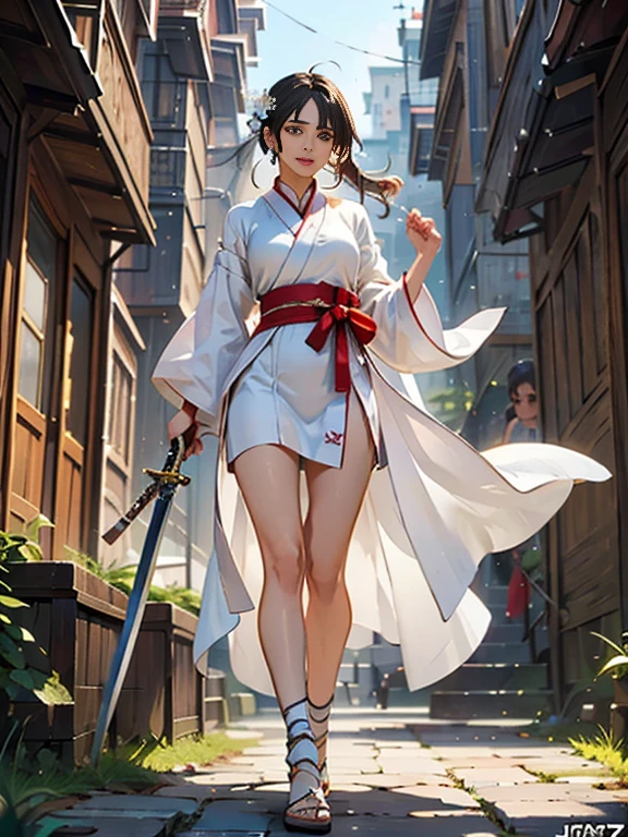 Close-up of a woman wearing a white dress and holding a sword, Portraits by Jan J, Trending on CGSociety, Fantasy art, Beautiful character drawings, artwork in the style of Gwaiz, Gwaiz, White Hanfu, Flowing white robes, Full body martial arts, Magnificent and elaborate character art, Amazing character art, beautiful female assassin  