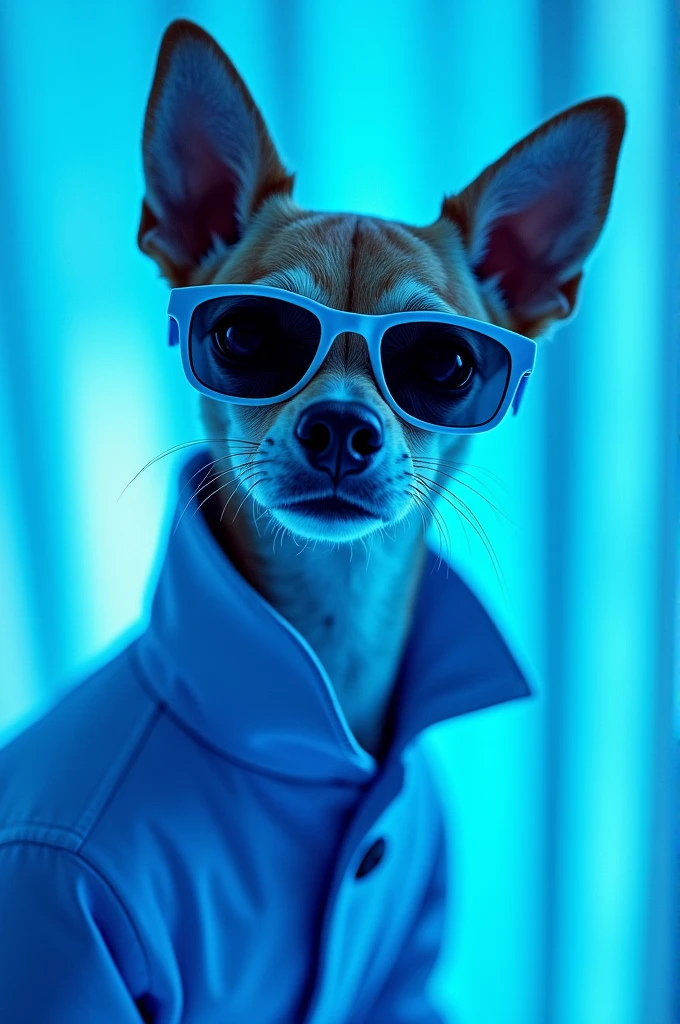 The best cell phone wallpaper, Award-Winning Wallpaper, portrait photography, In the front view is a portrait of a cute dog wearing mid-1960s space age fashion, Side view photo, Shot with Canon EOS R5, Set a strong contrast that accentuates the subject, Fluorescent blue tone, Wearing a very modern coat and sunglasses is a modern 1960s style, Clothes all in one color, beautiful background