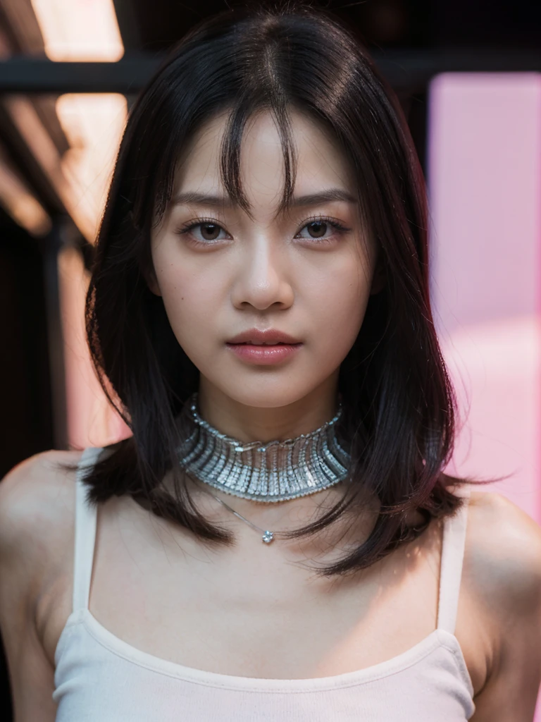 Prompt: Inspired by Michelle Chen (Michelle Chen), beautiful and attractive girl, 25-year-old Thai-Chinese girl, 162-centimeter height, natural-ivory skin tone, perfect face, small eyes, black eyes, ((Chinese droopy and monolid-eyes)), (clear-detailed eyes), centered-focus eyes, natural-gloss full lips, no-makeup looks, (2024 new-trend long bob haircut), ((pink, lavender and silver highlights on black hair)), (clear-detailed hairs), free the nipples, narrow shoulders, long neck, slim waist, rich-detailed skin texture, skin detention, (white crop-tops), high-waist blue skinny-denim, ((too-tight black color heart choker)), ((fine-detailed choker)), talk to the camera, sexy and funny in her eyes, studio portraiture, studio lighting, HDR, side view