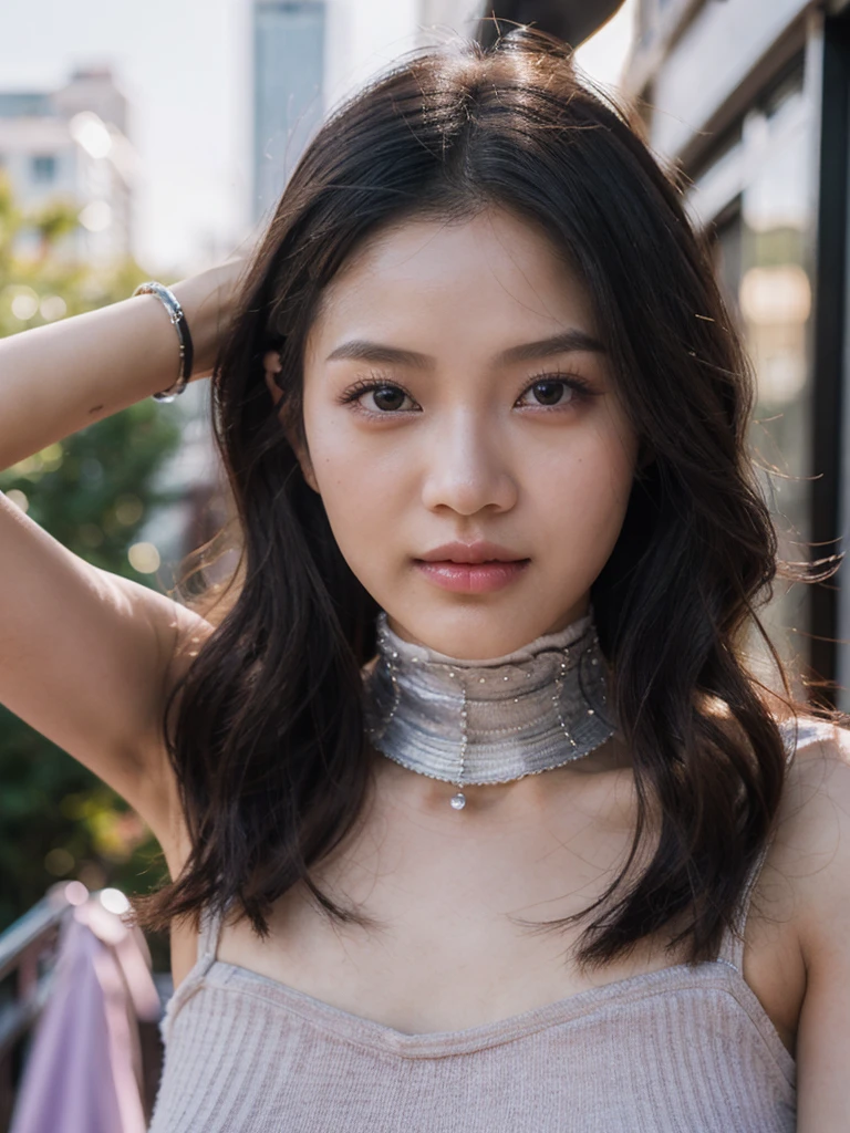 Prompt: Inspired by Michelle Chen (Michelle Chen), beautiful and attractive girl, 25-year-old Thai-Chinese girl, 162-centimeter height, natural-ivory skin tone, perfect face, small eyes, black eyes, ((Chinese droopy and monolid-eyes)), (clear-detailed eyes), centered-focus eyes, natural-gloss full lips, no-makeup looks, (2024 new-trend long bob haircut), ((pink, lavender and silver highlights on black hair)), (clear-detailed hairs), free the nipples, narrow shoulders, long neck, slim waist, rich-detailed skin texture, skin detention, (white crop-tops), high-waist blue skinny-denim, ((too-tight black color heart choker)), ((fine-detailed choker)), talk to the camera, sexy and funny in her eyes, studio portraiture, studio lighting, HDR, side view