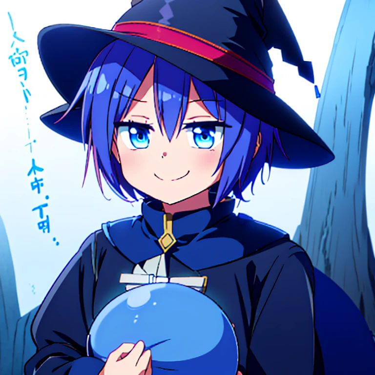 blue eyes、dark blue hair、male、Shortcuts、Round eyes、smiling、anime風、anime、White background、Witch Hat、Short Hair、boy