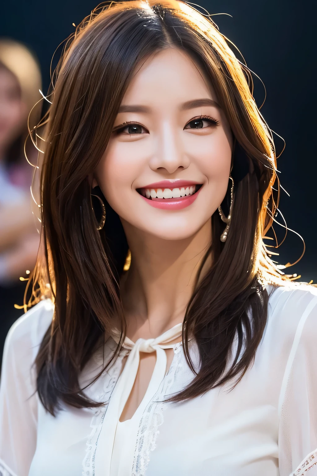 ((masterpiece)), ((Highest quality)), ((Complex)), ((Surreal)), (Realistic), (Mature Woman), ((No classes)), Very detailed, (1 female), Beautiful and exquisite, (Beautiful Teeth), Grin, Brunette bob hair, Brown eyes, ((blouse)), (Upper Body), (background:none), Perfect Eyes, Captivating eyes, Looking at the audience