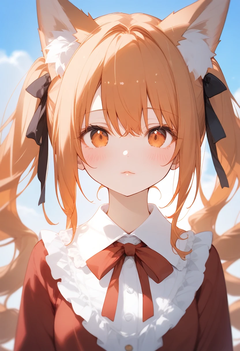 score_9, score_8_superior, One girl, Animal ears, alone, Twin tails, Animal earsの毛, View your viewers, Outdoor, superiorper body, Fox Ears, Orange Hair, Blurred background, Blurred, Lips parted, blush, Orange eyes, ribbon, shirt, neck ribbon, Depth of written boundary, Fox Girl, clavicle, Day, red shirt, Frills、superior気している、Shy face、superior目遣い