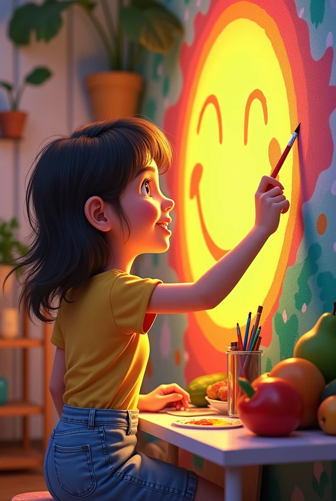 An Artist girl, making wall painting, pencils brushes and paints around her, smiley face, table around her , fruits on table.