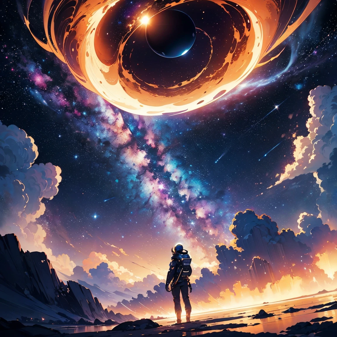Create an image depicting a vast galaxy filled with swirling nebulas and distant stars. In the foreground, a sleek spaceship glides through the cosmic expanse, reflecting the shimmering light of nearby stars. The scene captures the awe-inspiring beauty and mystery of deep space exploration. Interstellar