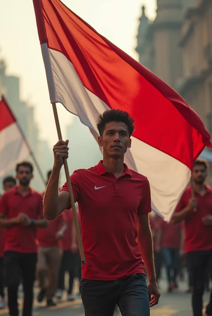 an handsome man full body carrying the Indonesian flag