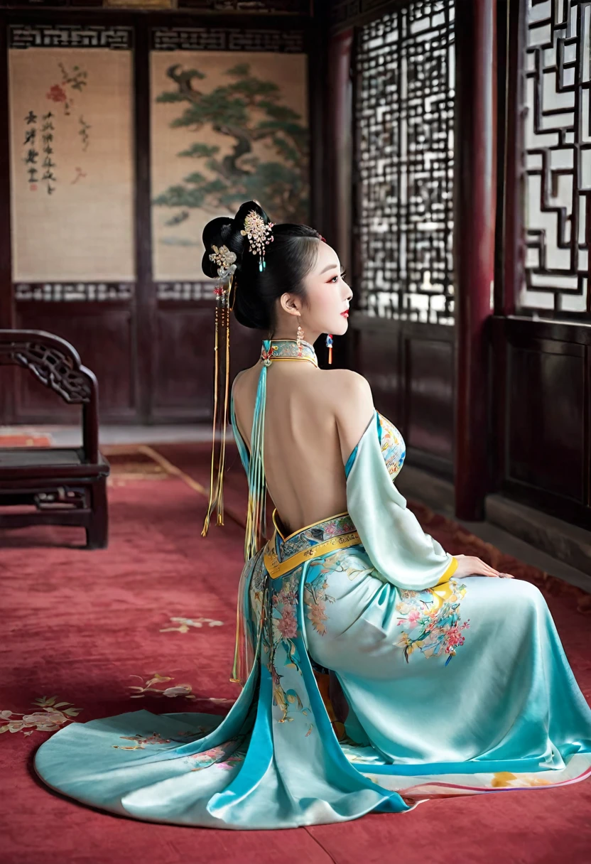 In the Qing Dynasty palace、Her breasts are large and her legs are spread wide、Bend your knees to make a V shape(???? Pose)、Tying up your hair、She is shown in profile wearing a gorgeous Chinese empress's headdress.。In the background is the cobblestones outside a Qing Dynasty Chinese palace。