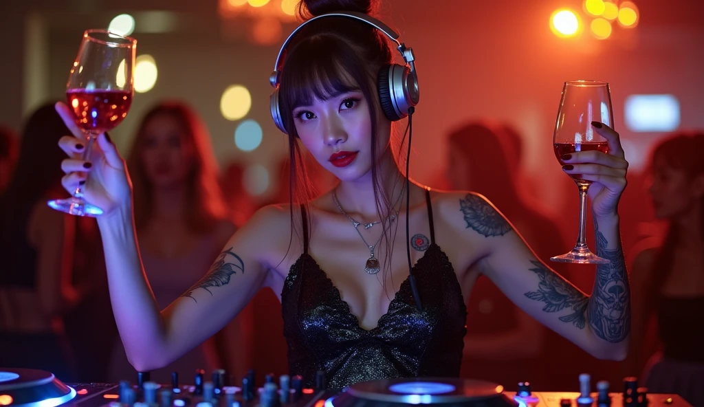 8k, a dancing beautiful asian cyborg with brown one bun hair, ((DJ)), ((tattoos)), photography, portrait of gadis_jelita wearing black sequin flowy silk dress, red lipstick, silver DJ Headset, ((laughing)) ((eyes looking at camera)), excited, one hand on the air, detail, DJ table, ((playing turn table)) to the crowd, picture from front view, in blurry background, soft focus, (masterpiece, sidelighting, finely detailed beautiful eyes: 1.2), bokeh, hdr