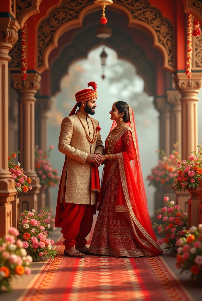Create a image with a traditional hindhu
marrige decoration a man and women with the traditional dresses