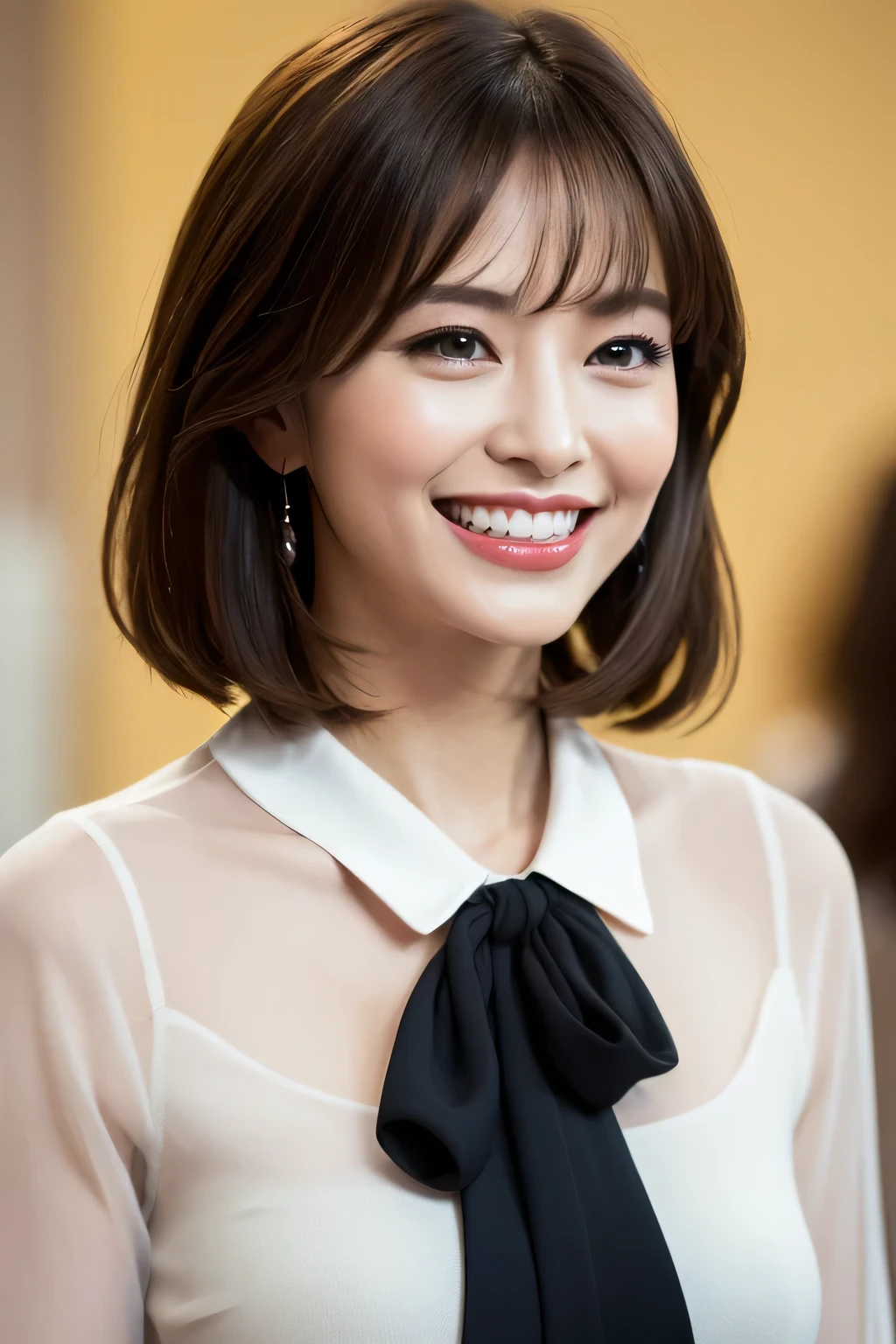 ((masterpiece)), ((Highest quality)), ((Complex)), ((Surreal)), (Realistic), (Mature Woman), ((No classes)), Very detailed, (1 female), Beautiful and exquisite, (Beautiful Teeth), Grin, Brunette bob hair, Brown eyes, ((blouse)), (Upper Body), (background:none), Perfect Eyes, Captivating eyes, Looking at the audience