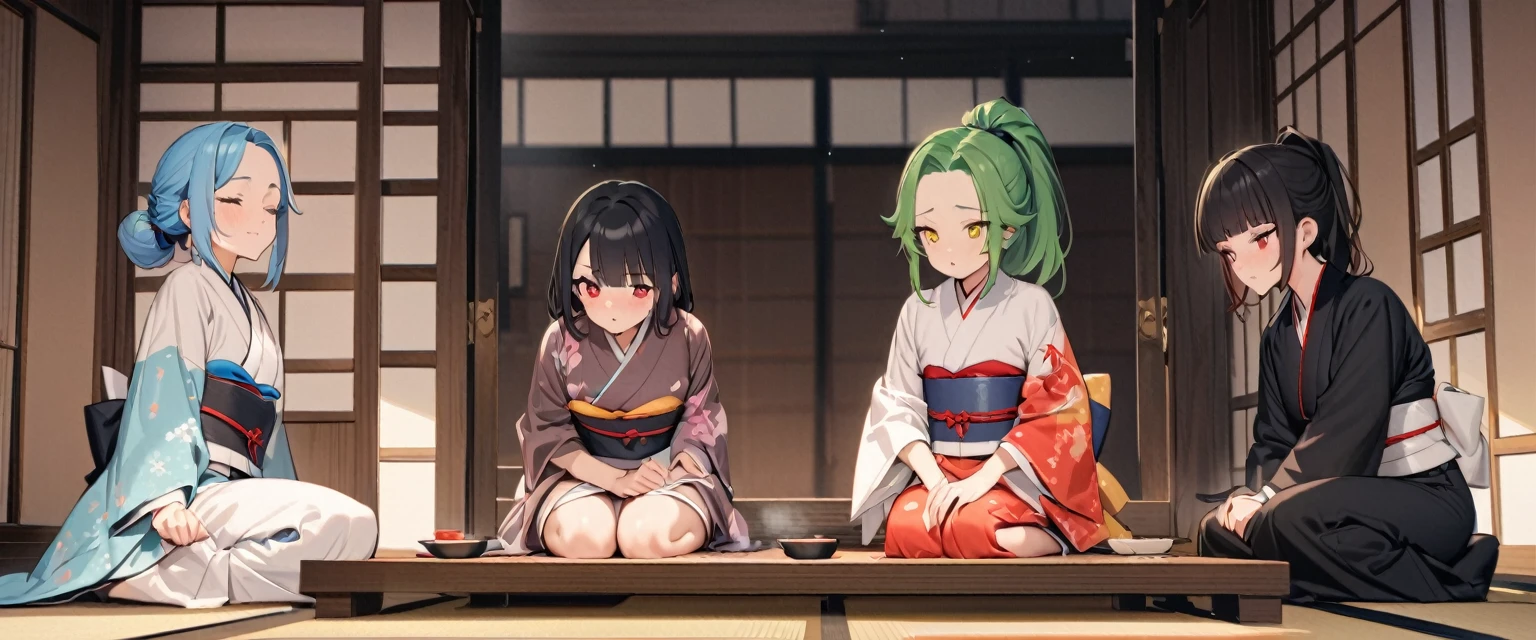 japanese tea ceremony style) (Seiza tea ceremony), (immensely cute 4 girls in a kimono), (a blue hair forehead blue eyes girl), (a green hair ponytail yellow eyes girl), (a black blunt bangs black hair sexy closed eyes girl), (a curly black hair red eyes girl), break, in the japanese style room, BREAK, perfect anatomy, masterpiece, best quality, 16k, beautiful detailed grow, daydreaming expression.