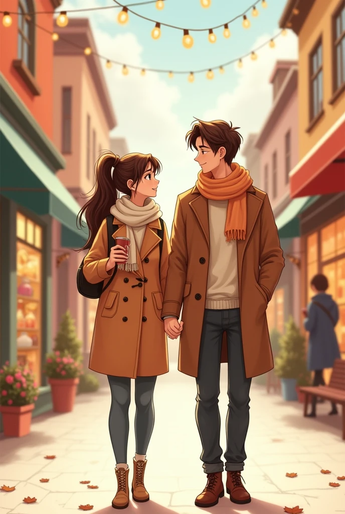 Draw a man and a woman on a date。The woman has a ponytail and is cold but kind.。The man is energetic but gentle.。Men are cool、Please write cutely for women。Please draw it like they're shopping together