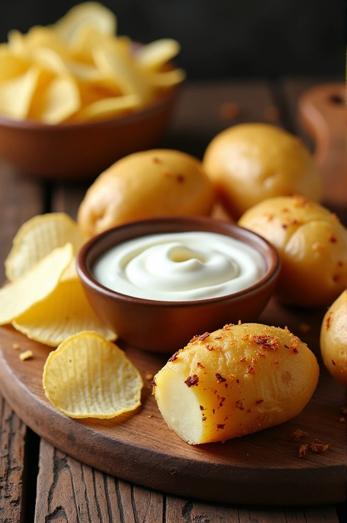Wooden kitchen board. On top, a cooked potato with skin and a halved one. Next to it is a bowl of white sauce. On top of the same board place bagged Lays potato chips, They are very thin slices of potatoes. 