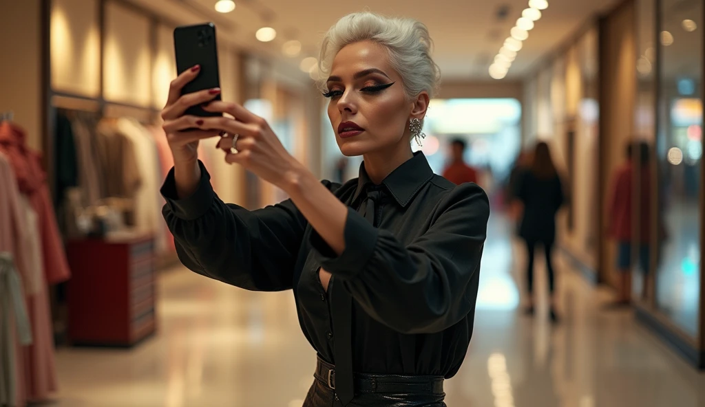 full frame shot of a androgynous feminine senior lady with wrinkles with intense makeup and massive much eyeshadow, intense deep and wide lot of eye shadow, smoky eyes, shoots a iphone photo in a shopping mall for satin office couture, wearing a tight satin blouse with latex bustier and with tie and glossy leather leggings and a stretchy shorts, warm cozy floor in the background