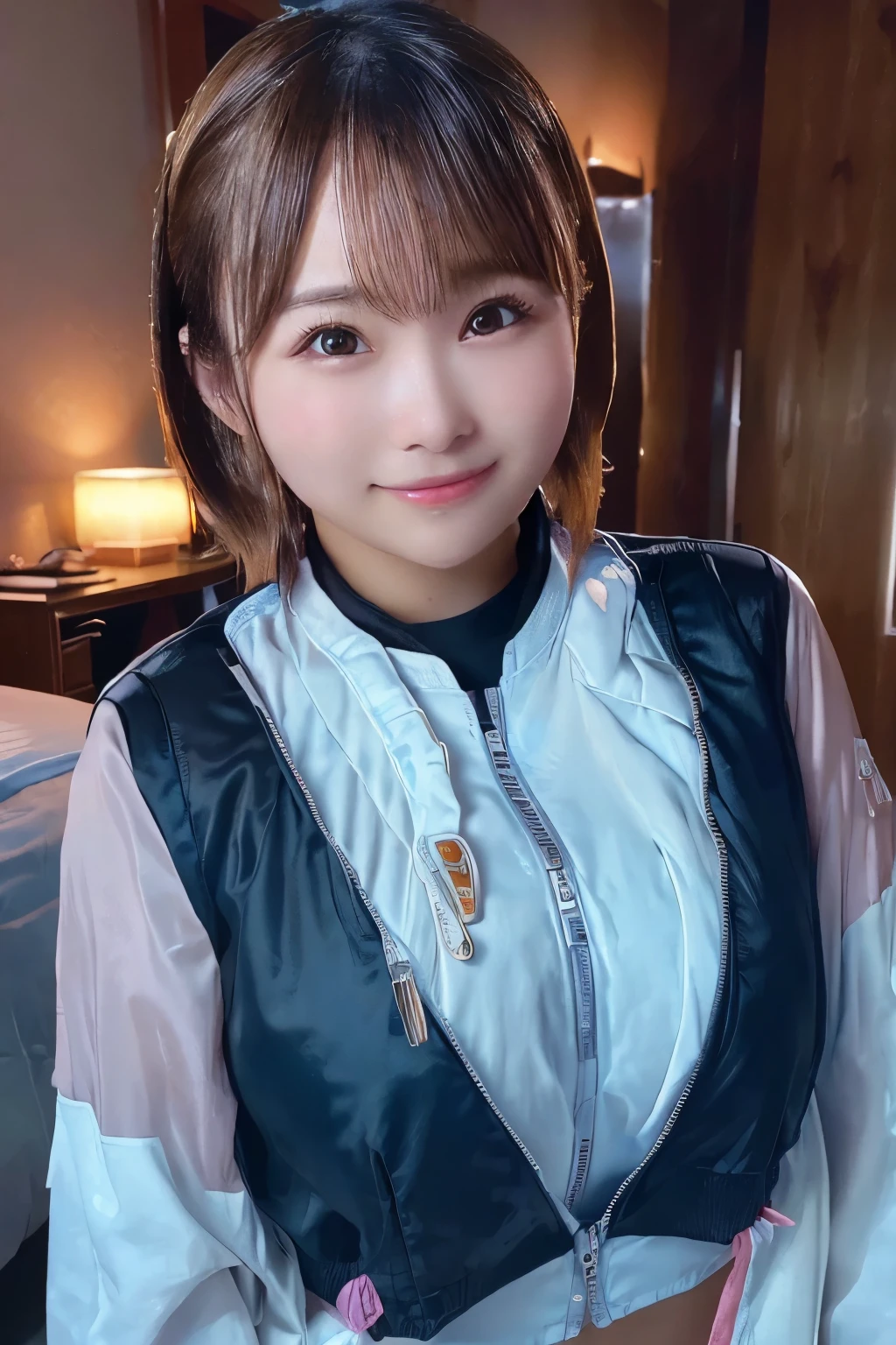 Highly detailed CG Unity 8K wallpapers, Highest quality, Very detailed, masterpiece, Realistic, Realistic, Very detailed日本のかわいい女の子, (18Year), blush, Round eyes, Thick eyebrow chest, Semi Body Shot, High resolution raw color photos, Professional photos, Portrait of sexy girl、Anatomically correct body shape、Healthy body shape、Brown short hair、smile、Micro Bikini、Beach volleyball player、Write your hair、Front view、Wearing a jersey jacket、Show your side、Wet Skin、Wet Hair、Avoid the same pose、Twin girls selfie