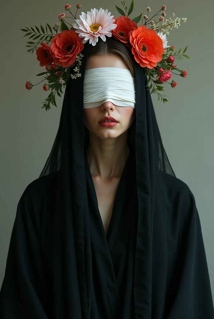 A portrait of a woman with a white bandage covering his eyes, wearing a black robe and flowers on his head in the style of Tom Bagshaw
