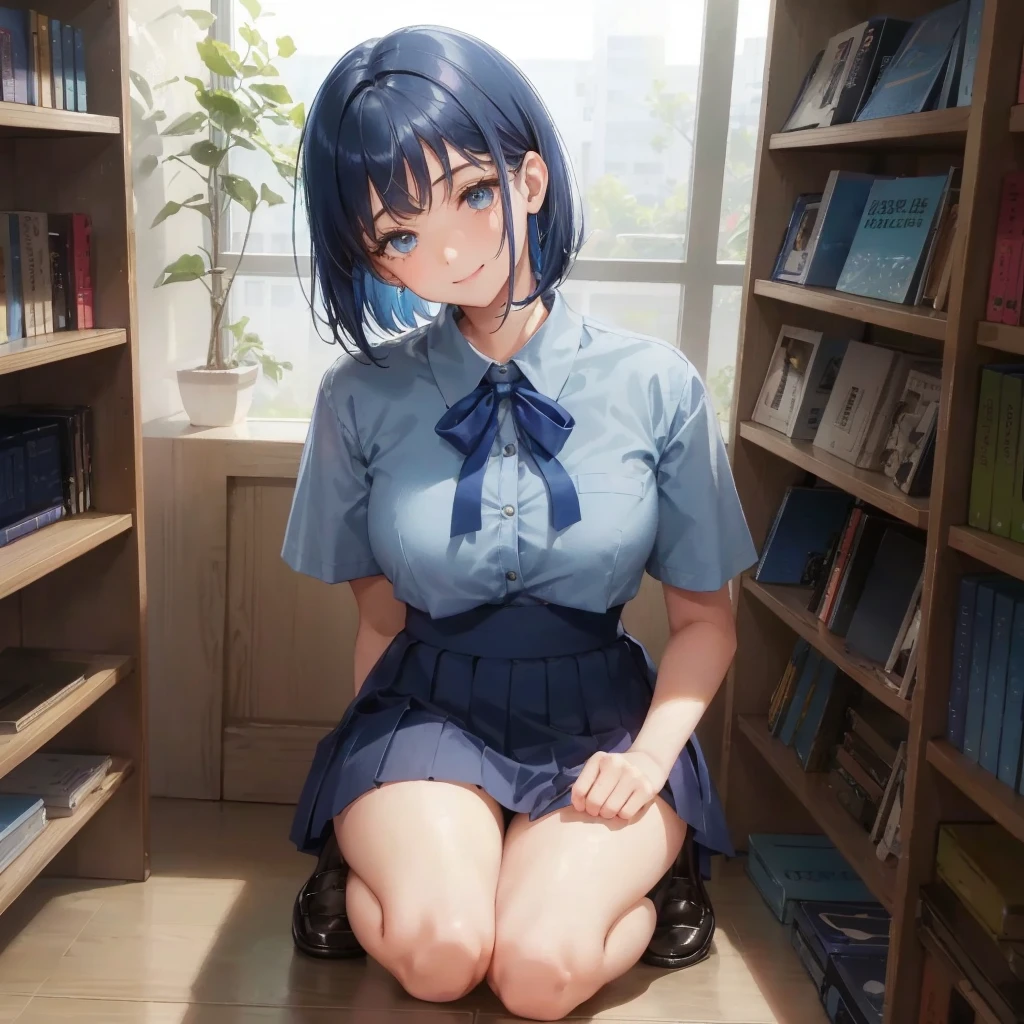 1. High school girl 17-year-old female Bobcut dark blue hair color High School Uniform Light blue Y-shirt Short sleeve Blue Ribbon dark blue hair color Slim figure Large Breasts Full body portrait School library Smiling Kindly Laugh a little library Hand Signs squat Kneel Look up here