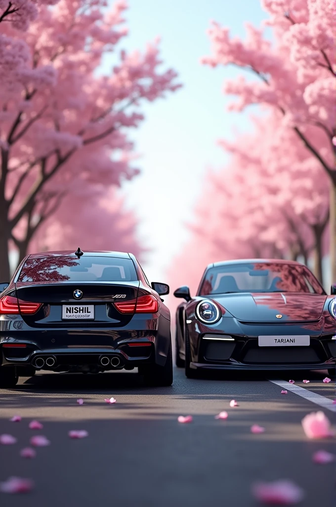 BLACK BMW M4 WITH BLACK GLASS AND RED HEADLIGHT WITH NUMBER PLATE NAMED NISHIL AND BLACK PORCHE 911 GT3 WITH BLACK GLASS NUMBER PLATE NAMED TARJANI IN SAKURA SEASON FACING TOWARDS US