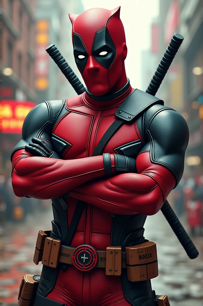 Deadpool with a wolverine metal bone with the name Roger