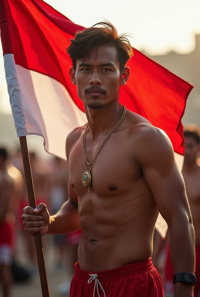an handsome man full body carrying the Indonesian flag
