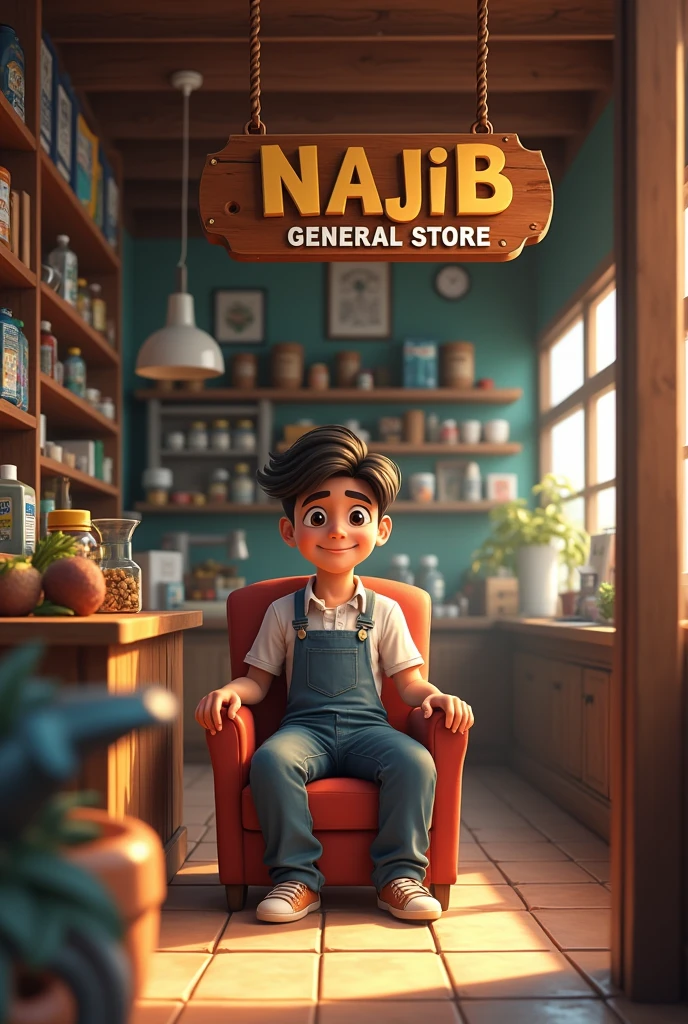 A boy 17 year old is setting in his shop on chair and the shop name is najib general store 