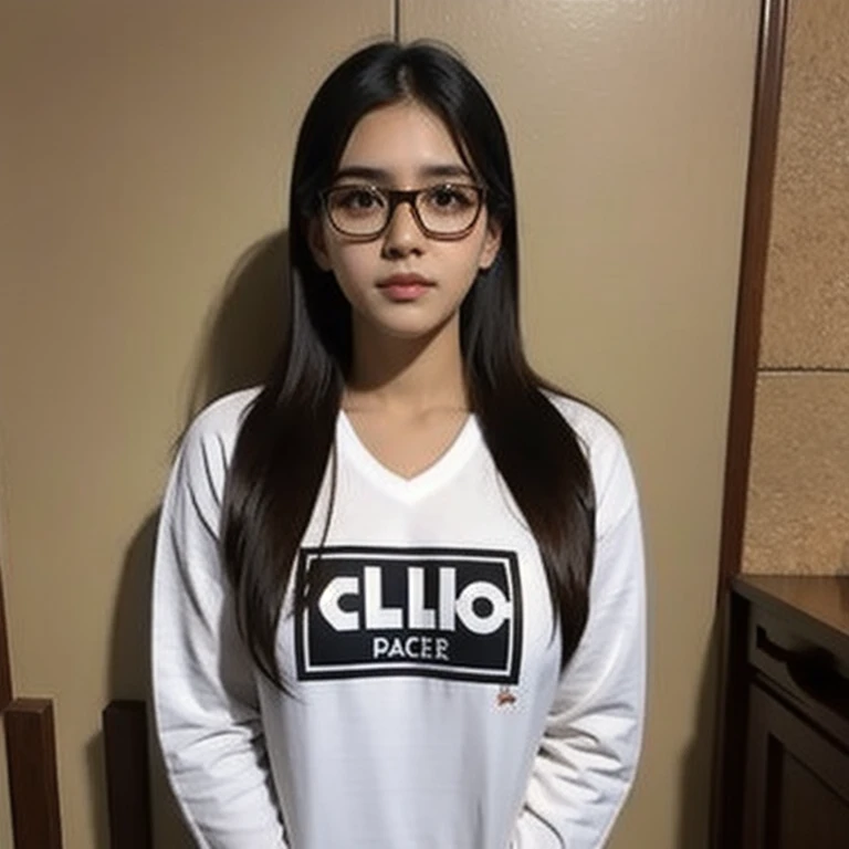 beautiful detailed, cute face, short, mexican teen, medium black hair, black hair over one eye, glasses, long-sleeved tucked in v neck T-shirt, long pants, solo, voluptuous breasts, full body photo.