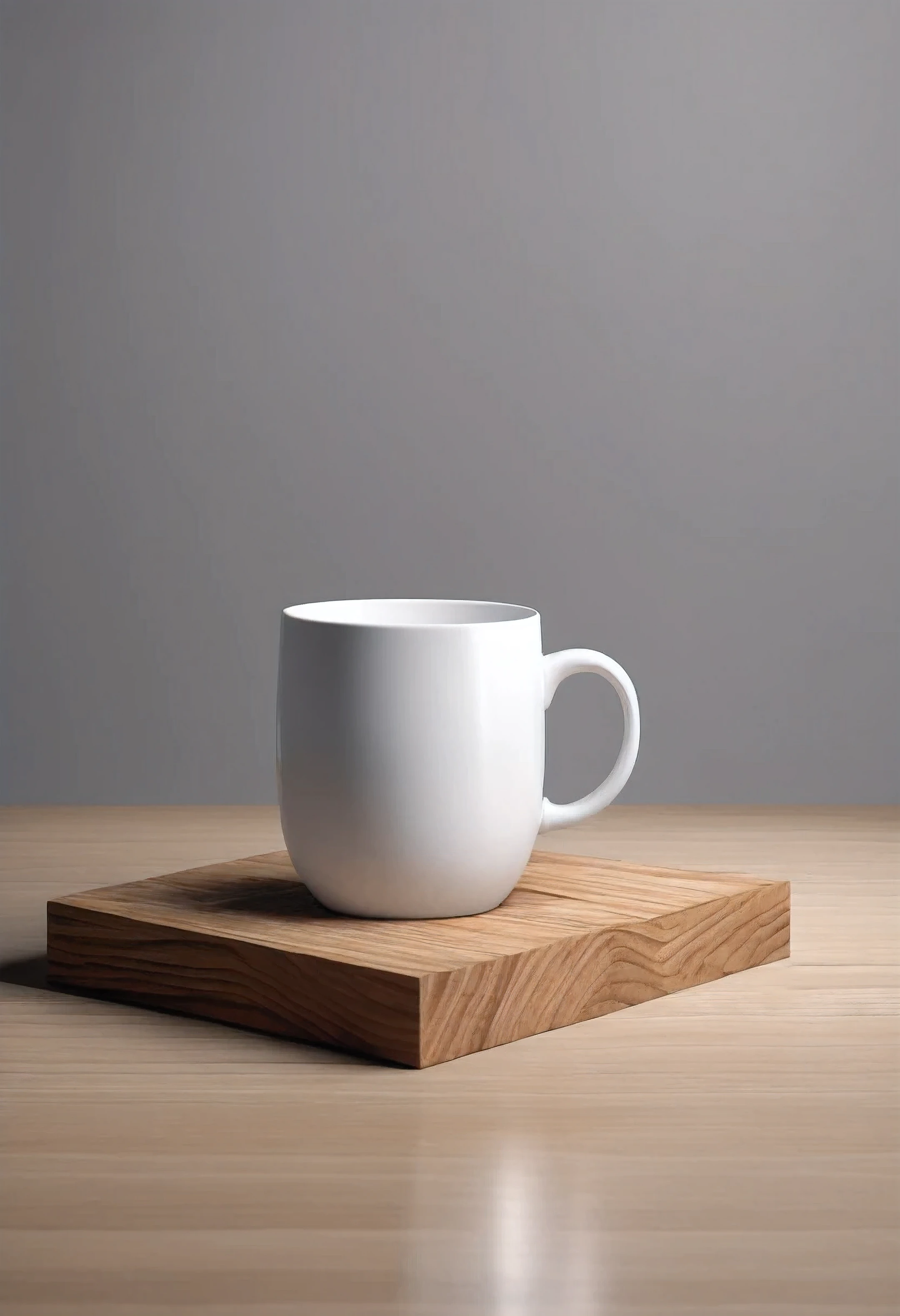 A white coffee mug is placed on a wooden table, Assets on a gray background, minimal shading, blank, [ [ Surreal ] ], Award-winning works, Sky Background, High Quality Rendering, Solid objects in voids, White mug