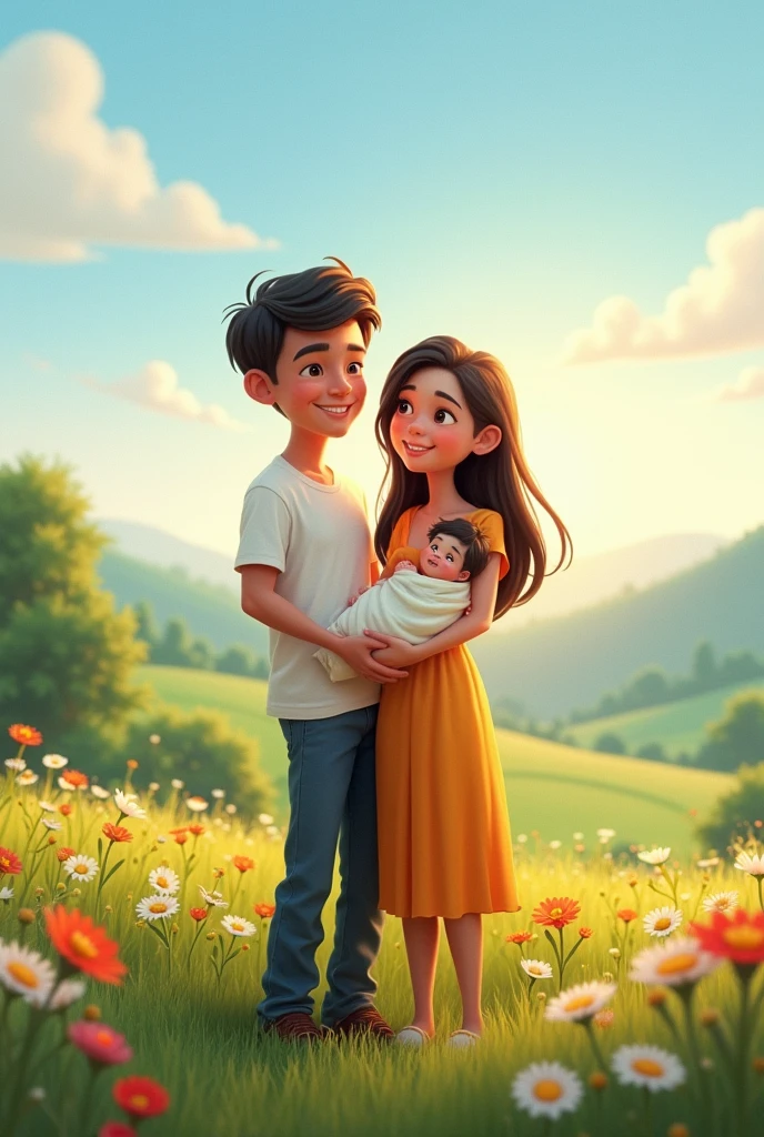 A couple with their baby with text Marion Mary and Thiago in a beautiful landscape