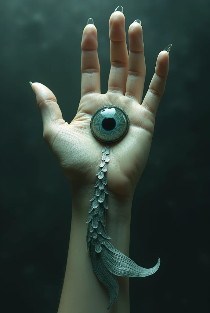 an outstretched hand, with palm up. In the center of the palm, draw an eye, as if it were on the skin. Now, for the little finger, Imagine it gradually transforming into a fish tail, with scales and wavy shape. The fish tail should look like it is moving, as if I were in the water