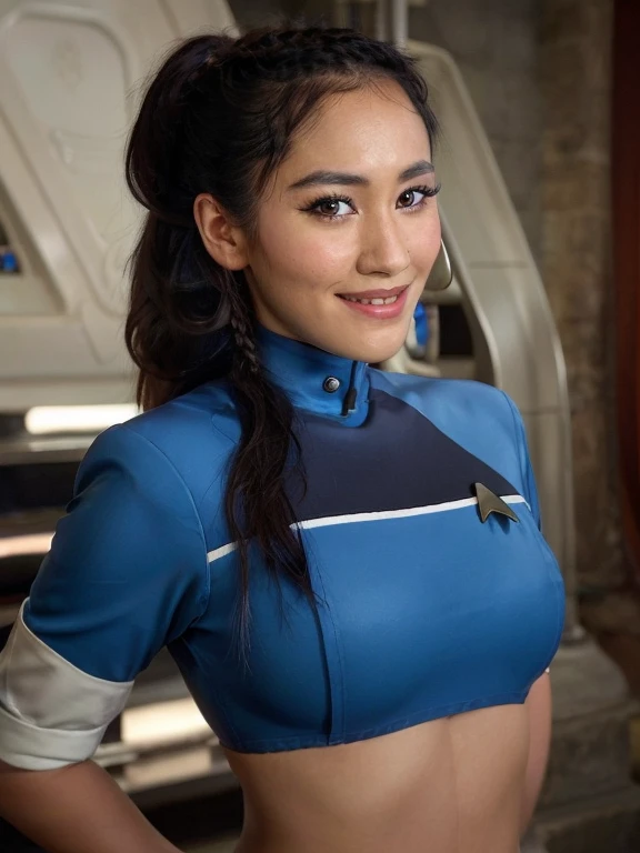 Christina Chong beautiful face, narrowed eyes. smirk. black braided hair wearing blue sttldunf uniform,jamesdaly artstyle,