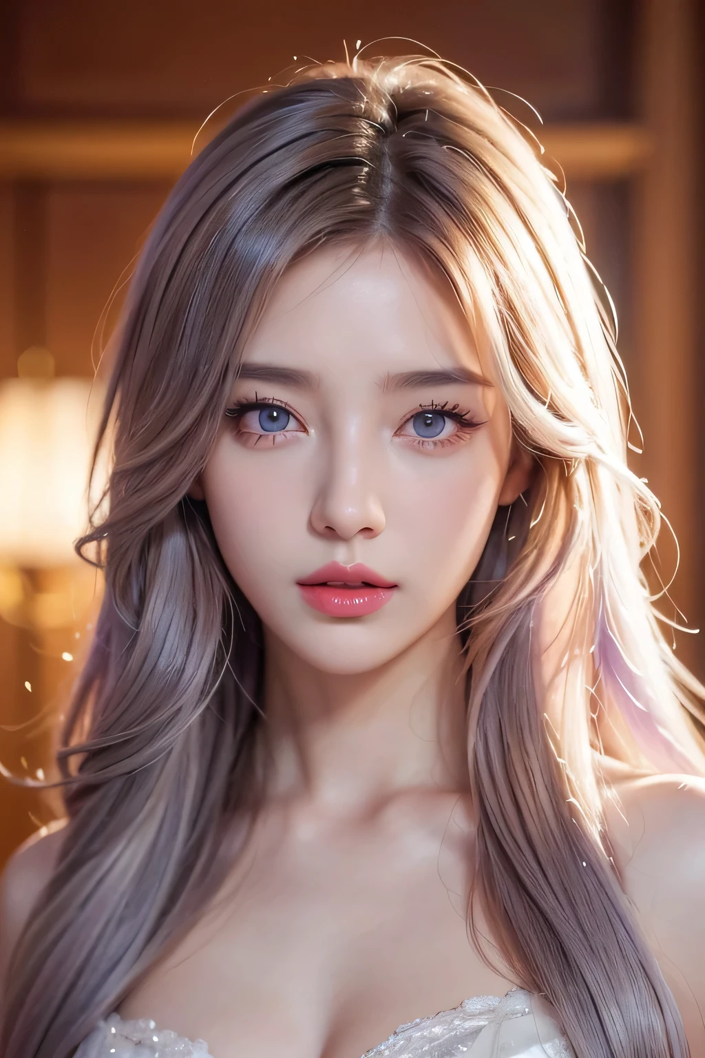 high quality work，Realistic artwork，Ultra Premium Graphics，8K HD CG Works，High quality graphics，High-definition and elaborate CG work，10x pixels，Ultra-fine detail：1.1，Advanced Technical Details：1.1Realistic photo effects，Indoor lighting effects：1.5，Natural soft light：1.5. Light effects（Virtual Light Effects：1.8），Ultra-high resolution，Shiny Dress，Silver long hair，Silver Hair，Transparent Hair，Hair with attention to detail（High quality hair detail：1.1）Clear Eyes，Double eyelids are beautiful，Sharp eye makeup, Creates exquisite eyelash makeup, Thin eyebrows, Very fine eye，High nose, Beautiful red lips, Rosy Cheeks, Delicate makeup applied , Pretty face, The face shape is perfectly balanced,（Advanced Face Detail：1.1）tmasterpiece), (realistically, RAW photogr, Best quality at best:),[:(The detail on the face:1.2:0.2] , Nice face, (Realistic face), (the detail), Lilac hair color looks great，He wears a purple garland on his head，photorealistic eye，The detail of the eyes is nice，Sexy red lips，Violet flowers clean and refreshing background（real face real skin），The beautiful skin，purple dress，Romantic purple atmosphere，Ultra-high resolution，超real photograph，The content is very detailed，the golden ratio、The graphic style iixing watercolor and digital illustration techniques、Evoke the exquisite beauty and charm of tmasterpiece, Super the detail, Ultra-high resolution, (real photograph), High Definition RAW Color Photography, Extremely Delicately Beautiful, The content is very detailed,extremely detailed eye, highlydetailed skin,Highly detailed nose, The mouth is very detailed, perfect anatomia,Perfect NwsjMajic，，The content is very detailed，rich colourful，the highest detail，offcial art，ultra - detailed，The beautiful，tmasterpiece，Best quality，，Women artwork，Dress full body video，Realism，Great cleavage，Your eyes are shining brightly today，Wearing shorts，Beautiful legs
