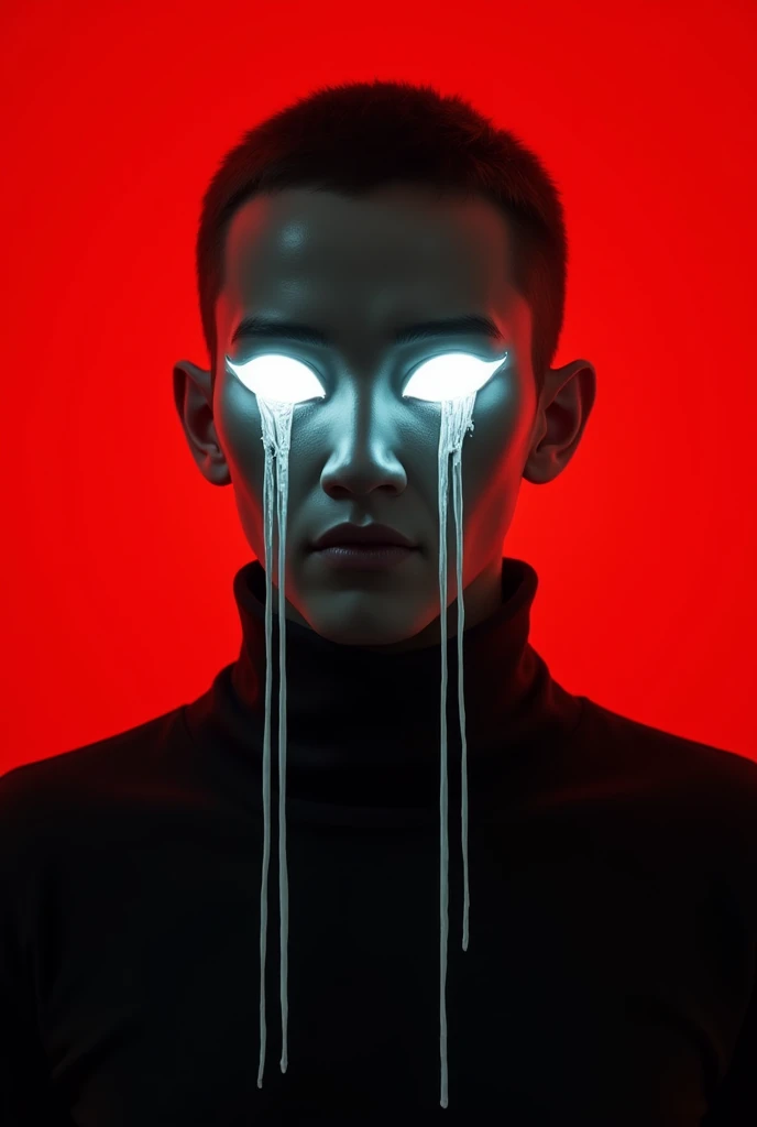 mug shot, portrait of a human wearing a black turtleneck and white glowing eyes mask with two long thin strings hanging from the top to bottom on both sides against a red background