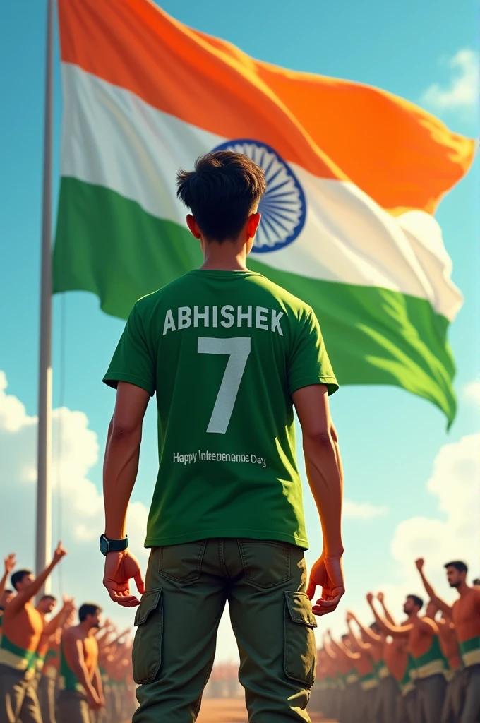 A huge tricolor flag of India is fluttering, and Happy Independence Day is written in saffron color of the flag and 15 August 2024 is written in green color. An 18 year old Warrior man is standing in front of it facing towards the flag and the boy is wearing a green T-shirt. -Is wearing a shirt with 'ABHISHEK' written on it and 7 written below 'ABHISHEK' and he is wearing army cargo pants and his back is visible don't forget to write your name