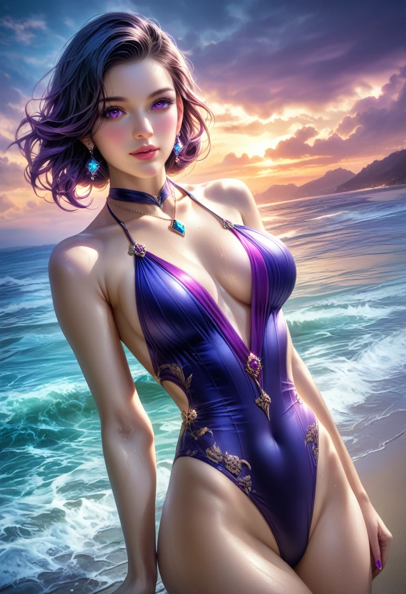 score_9, score_8_superior, score_7_superior, A masterpiece in 32K resolution,Highest quality,it is really amazing,Very detailed,Ultra-high resolution,Ultra-realistic,Realistic,Increased depth of field,Cinematic lighting,
Elegant mature Japanese woman,
black straight medium hair,Ultra-detailed and beautiful face,Calm expression,Translucent white skin,Realistic skin texture,Great proportions,
Sexy high leg dress swimsuit,
Luxurious design,Chic color patterns,Beautifully detailed decoration,Detailed fabric texture,
Gorgeous necklace,Earrings,
Dark skies before the storm,Dark clouds covering the dark sky,Thunderclouds rolling in,Coastline at night,Stormy seas,delay々A desolate sandy beach that continues,
Dramatic Angle,Beautiful back view,