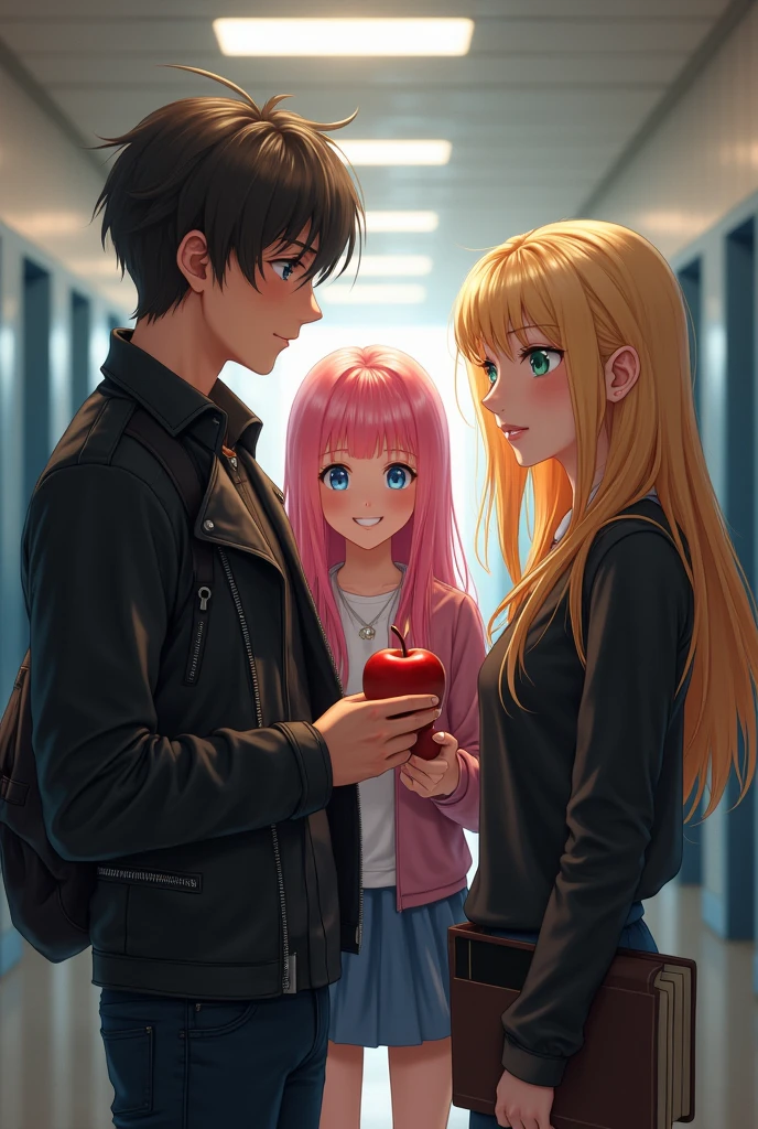 a blonde woman, Young and beautiful, Blue-eyed, straight hair, long, In front of her a man with brown hair and one blue eye and the other green is watching her with an apple in his hands, The woman is carrying a closed book. The two are in the hallways of a high school, The man is wearing black clothes and a leather jacket.. Next to them a girl with pink hair smiles introducing them