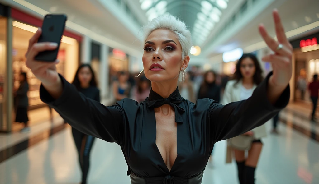 full frame shot of a androgynous feminine senior lady with wrinkles with intense makeup and massive much eyeshadow, intense deep and wide lot of eye shadow, smoky eyes, shoots a selfie photo in a shopping mall for satin office couture, wearing a tight satin blouse with latex bustier and with tie and glossy leather leggings and a stretchy short pants, thai and filipino women fill the floor in the background