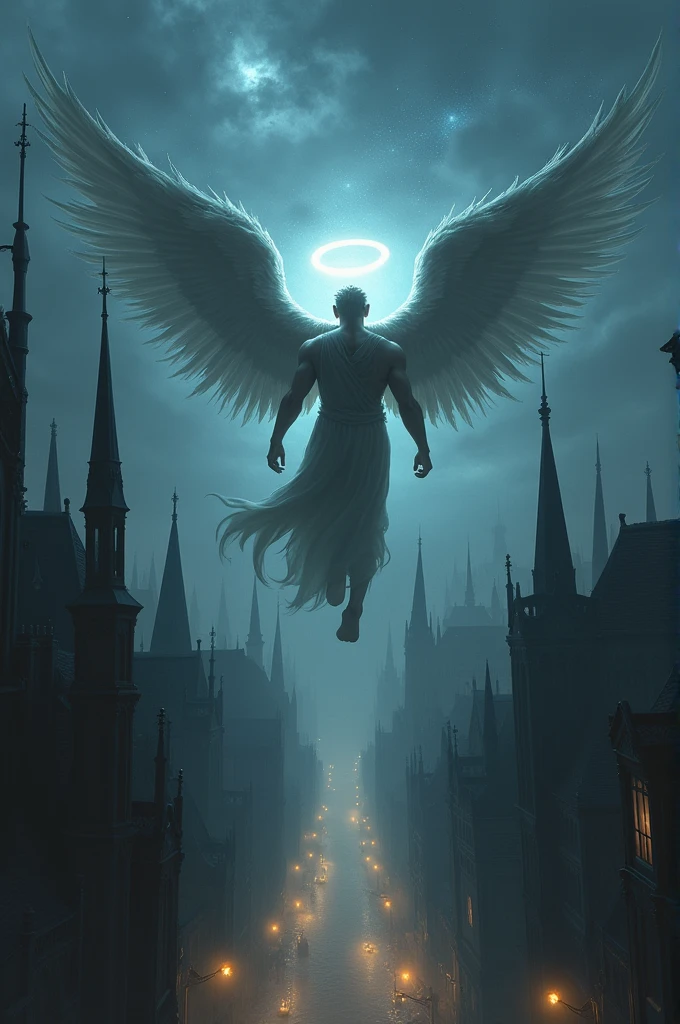 a model shot (taken from the back: 1.5), of an female aasimar (Masterpiece, intense details: 1.3), paladin, holy warrior, (wings sprouting from the back: 1.3), spread large feathered wings, majestic wings, white angelic wings spread (Masterpiece, intense details: 1.5), 16K, ultra detailed, masterpiece, best quality, (extremely detailed), arafed, dnd art, portrait, full body, moon light, moon, stars, clouds, holy symbol, armed with sword, short blond hair, dark fantasy cemetery background, anatomically correct (Masterpiece 1.3, intense details), angel_wings, determined face, god rays, cinematic lighting, glowing light, silhouette, from outside, photorealism, panoramic view (Masterpiece 1.3, intense details) , Wide-Angle, Ultra-Wide Angle, 16k, highres, best quality, high details