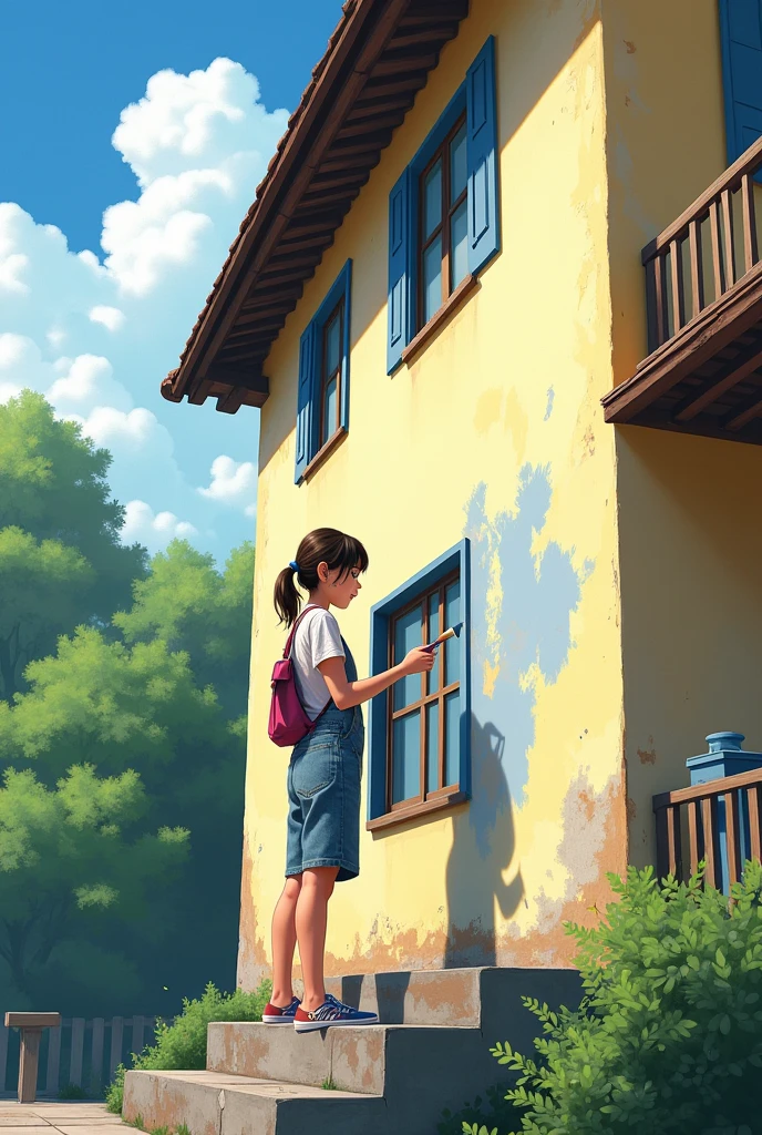 An Artist girl, painting home outer walls, second floor over height with the help of stairs
