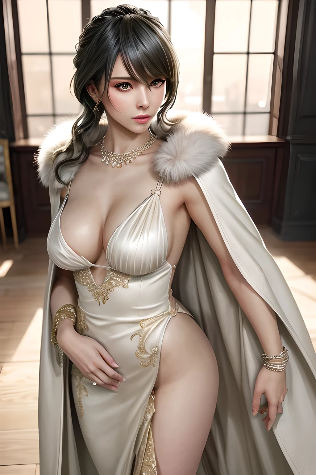 A lady with extraordinary temperament, she stands in a modern indoor space, as if she is a model from a fashion magazine. She is wearing a (pure white long fur cape), the softness and luster of which makes her look more noble under the light, and complements her (beige dress) underneath, showing her gentle temperament while maintaining a sense of fashion. The style of the dress is simple and generous, a perfect match, and it lengthens her figure, making her tall and charming. The lady's makeup is delicate and elegant, which just highlights her facial features and makes people unforgettable at first sight. Although the earrings and necklace she wears are not ostentatious, they add a bit of sophistication and nobility to her overall look. Her hair is casually draped over her shoulders, and every strand of hair exudes a natural luster,, (best quality,8k,highres,masterpiece:1.2),ultra-detailed,(realistic,photorealistic,photo-realistic:1.37),studio lighting,ultra-fine painting,sharp focus,physically-based rendering,extreme detail description,professional,vivid colors