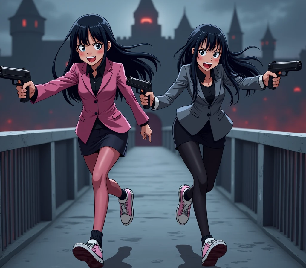 Two girls long black hairs, yuri,(The first girl wear a pink suit, black shirt, black pencil skirt, black underpants, black tights, white socks, pink sneakers) and (The second girl wore a grey suit, black shirt, black pencil skirt, black underpants, black tights, white socks, white sneakers) holding a handguns, running on the long bridge, entry of vampire castle, angry eyes and smiled, novel cartoon, 4K, HD