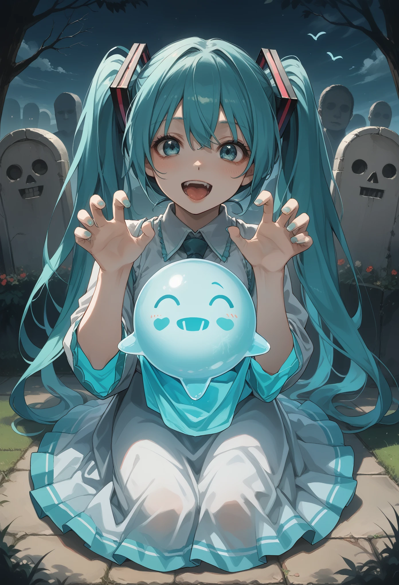 Close-up of a man, holding a ball in front of a grave, Mikudayo, hatsune Miku, portrait of hatsune Miku, pixiv contest winner, Miku, Anime girl with turquoise hair, pixiv, vocaloid, anime art wallpaper 8k, hatsune Miku portrait, trending on artstation pixiv, anime Mo artstyle