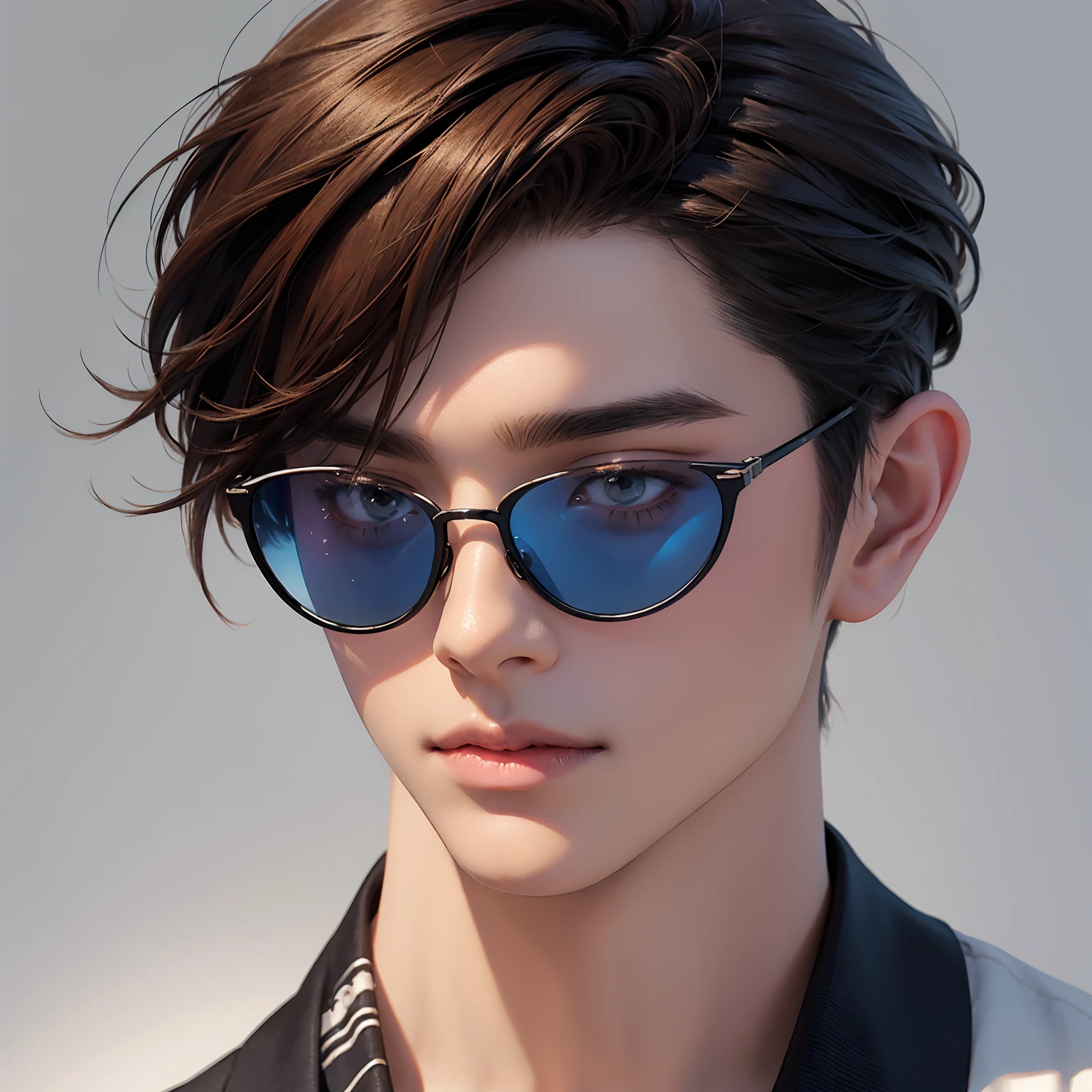 One man Japanese men No background Fashionable clothes Detailed face and skin An illustration Visible blue sunglasses Brown Hair