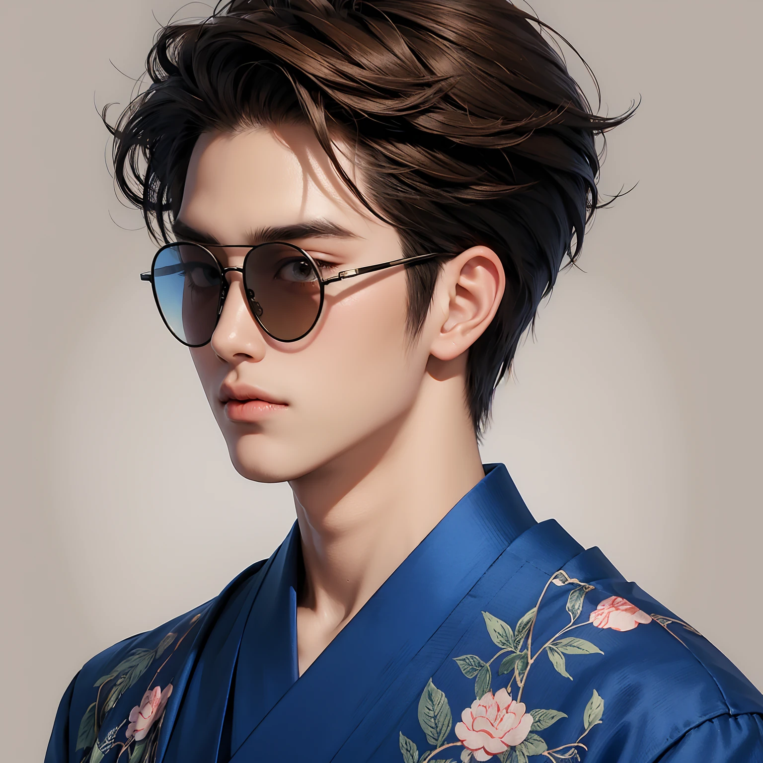 One man　Japanese men　No background　Fashionable clothes　Detailed face and skin　An illustration　Visible blue sunglasses　Brown Hair