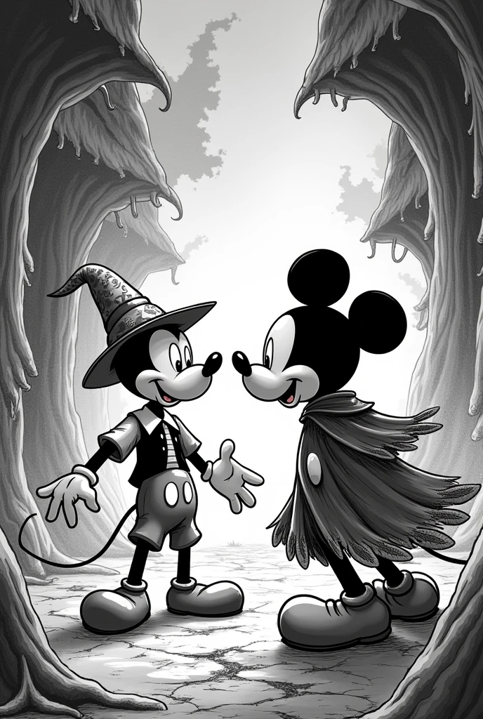 Make a manga page of Sukuna and Gojo's fight, swapping Gojo for Pinocchio and Sukuna for Mickey.